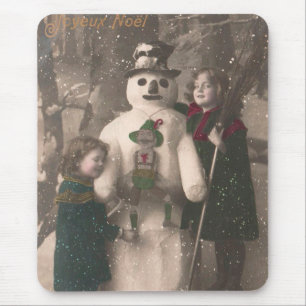 Christmas Girls and Snowman Vintage Photo Mouse Mat