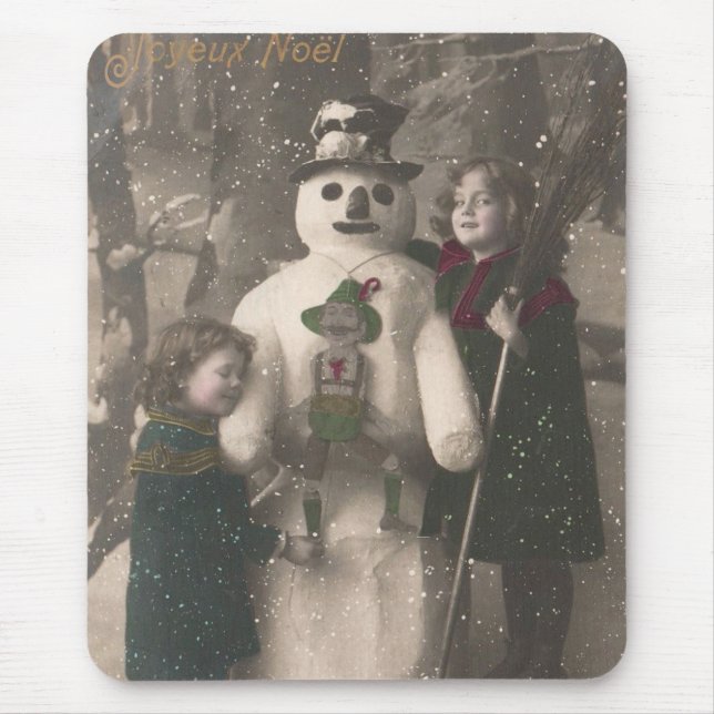 Christmas Girls and Snowman Vintage Photo Mouse Mat (Front)