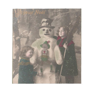 Christmas Girls and Snowman Vintage Photo Notepad