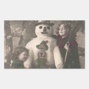 Christmas Girls and Snowman Vintage Photo Rectangular Sticker