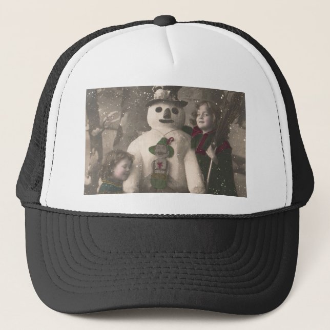 Christmas Girls and Snowman Vintage Photo Trucker Hat (Front)
