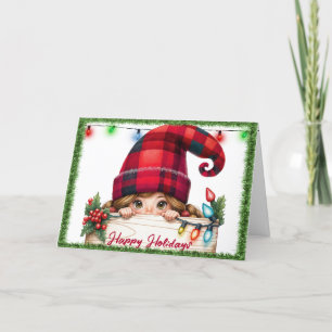 Christmas Girly Gnome With Plaid Hat Holiday Card
