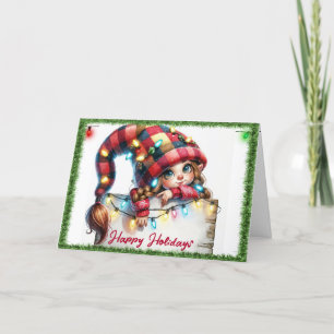 Christmas Girly Gnome With Plaid Hat Holiday Card