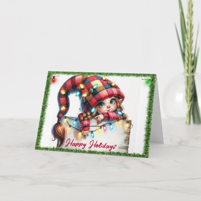 Christmas Girly Gnome With Plaid Hat Holiday Card (Front)