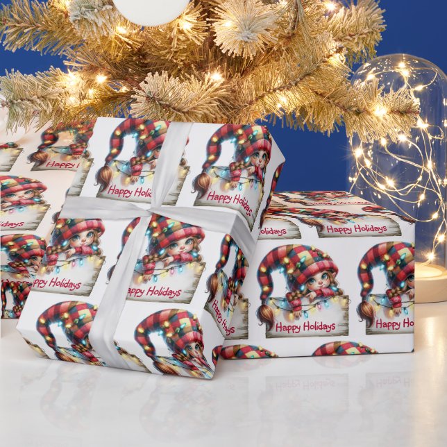 Christmas Girly Gnome With Plaid Hat Wrapping Paper (Holidays)
