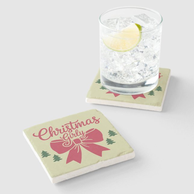 Christmas Girly Tree Bow Aesthetic Gift For Her Stone Coaster (Side)