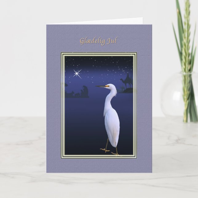 Christmas, Glædelig Jul, Danish, Egret, Nativity Holiday Card (Front)