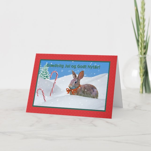Christmas, Glædelig Jul, Danish, Rabbit, Snow Holiday Card (Front)