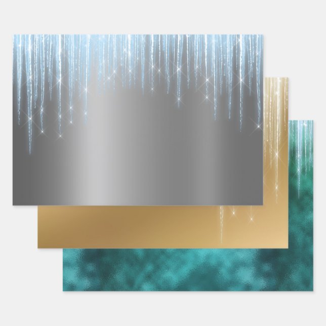 Christmas Glam Foil Metallic Glitter Icicle Wrapping Paper Sheet (Set)