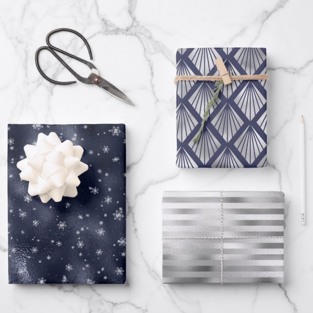 Christmas Glam Snowflake Pattern Navy Blue Silver Wrapping Paper Sheet (Front)