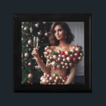 Christmas Glamour Gift Box<br><div class="desc">A stunning brunette woman exudes holiday cheer in a unique,  eye-catching dress adorned with shimmering gold fabric and a cascade of colourful Christmas ornaments. Holding a champagne flute with a delicate hand,  she stands confidently before a brightly lit Christmas tree,  her captivating gaze meeting the viewer's eye.</div>