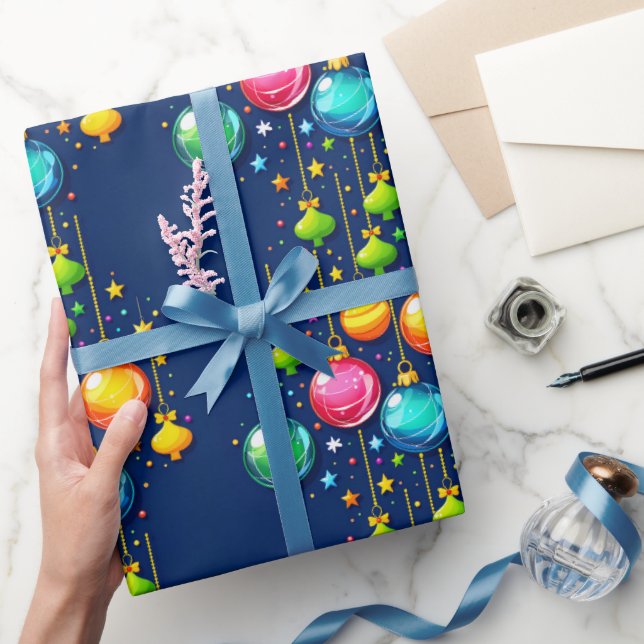 Christmas Glass Balls on a Dark Blue Backround Wrapping Paper (Gifting)