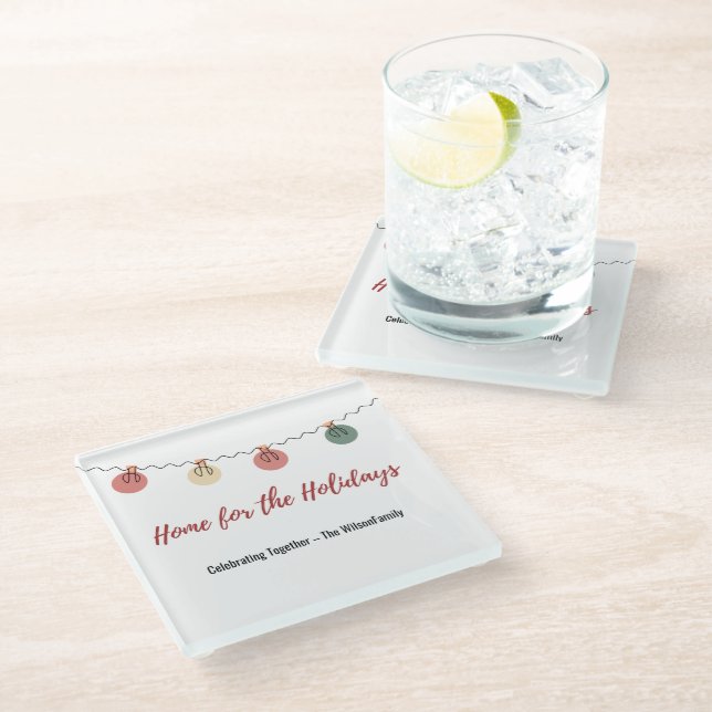 Christmas Glass Coaster with Playful Holiday Icons (Angled)