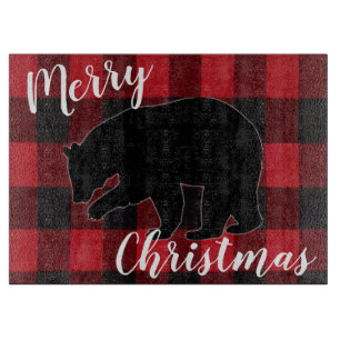 Christmas Glass Cutting Board Red Plaid Black Bear