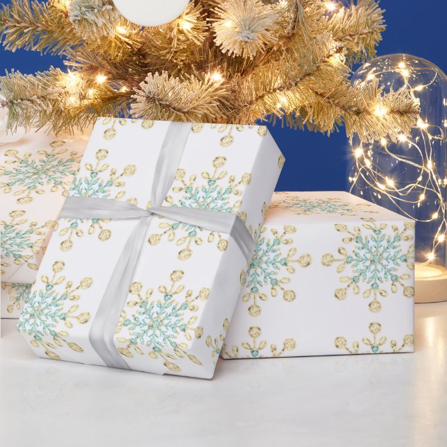 Christmas Glass Snowflakes Gold Turquoise Wrapping Wrapping Paper (Holidays)