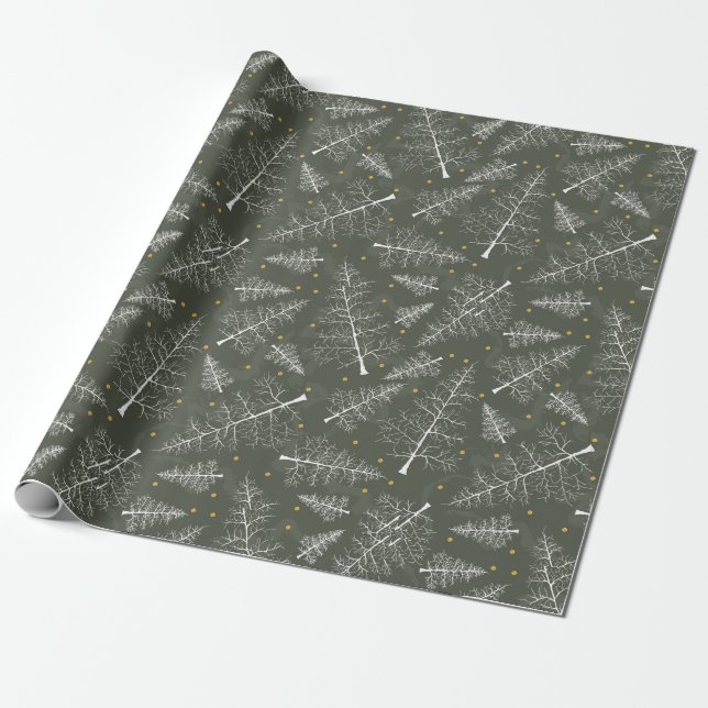 Christmas Glimmer: White Pines on Olive Green Wrapping Paper (Unrolled)