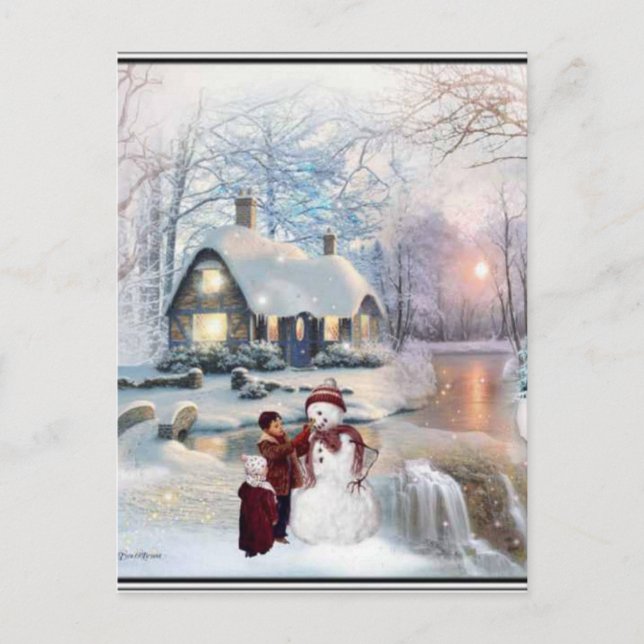 Christmas Glisten Winter Snowman Scene Postcard (Front)