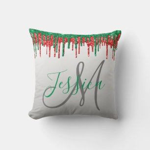 Christmas Glitter Dripping Monogram Red and Green Cushion