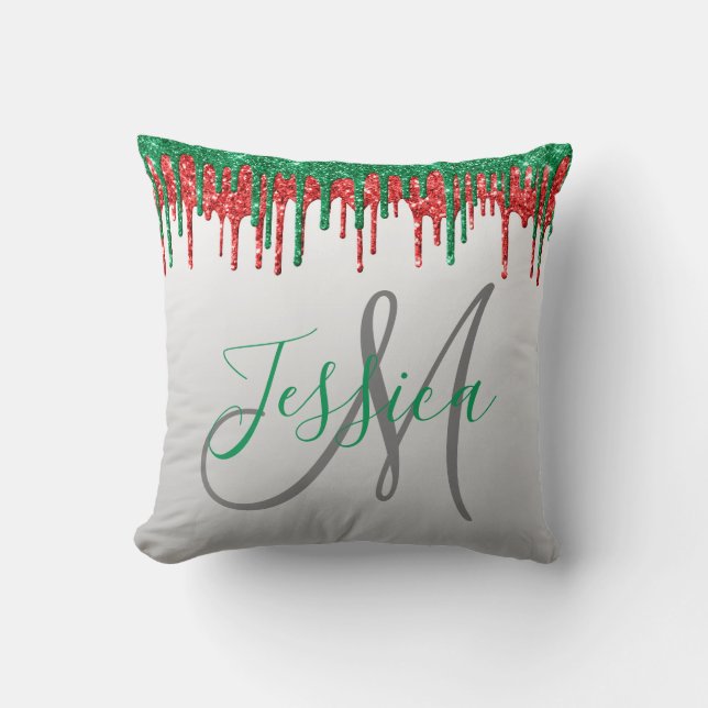 Christmas Glitter Dripping Monogram Red and Green Cushion (Front)
