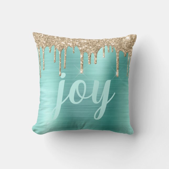 Christmas Glitter Drips Teal Metallic Typography Cushion (Front)