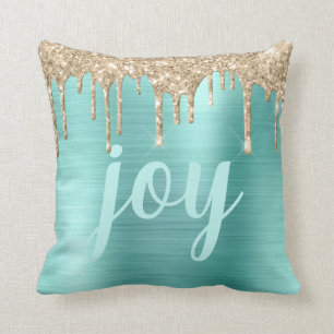 Christmas Glitter Drips Teal Metallic Typography Cushion