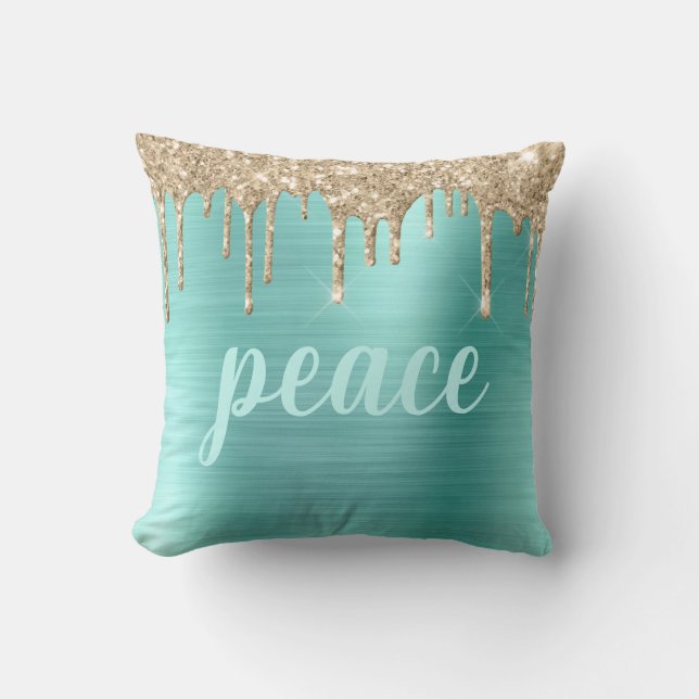 Christmas Glitter Drips Teal Typography Metallic Cushion (Front)