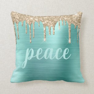 Christmas Glitter Drips Teal Typography Metallic Cushion