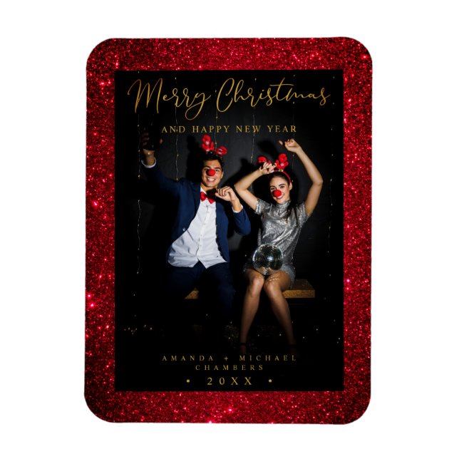 Christmas Glitter Fun Photo Newlyweds Script Magnet (Vertical)