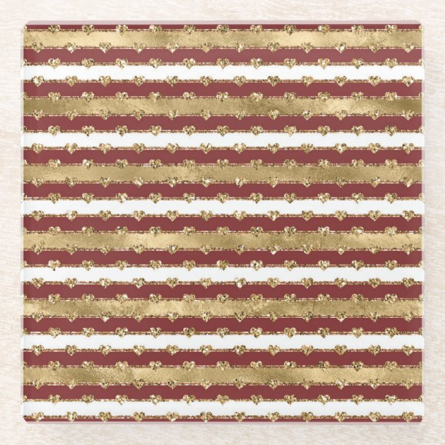 Christmas Glitter Gold Red Hearts Stripes Glass Coaster (Front)