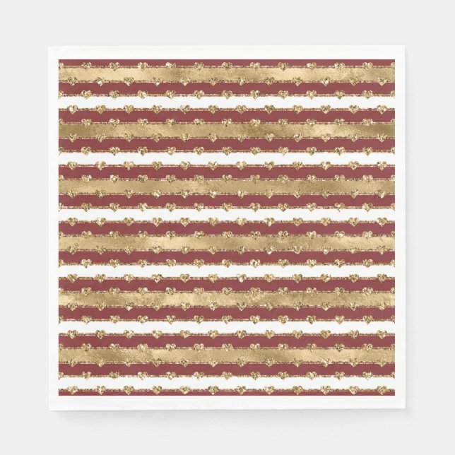 Christmas Glitter Gold Red Hearts Stripes Napkin (Front)