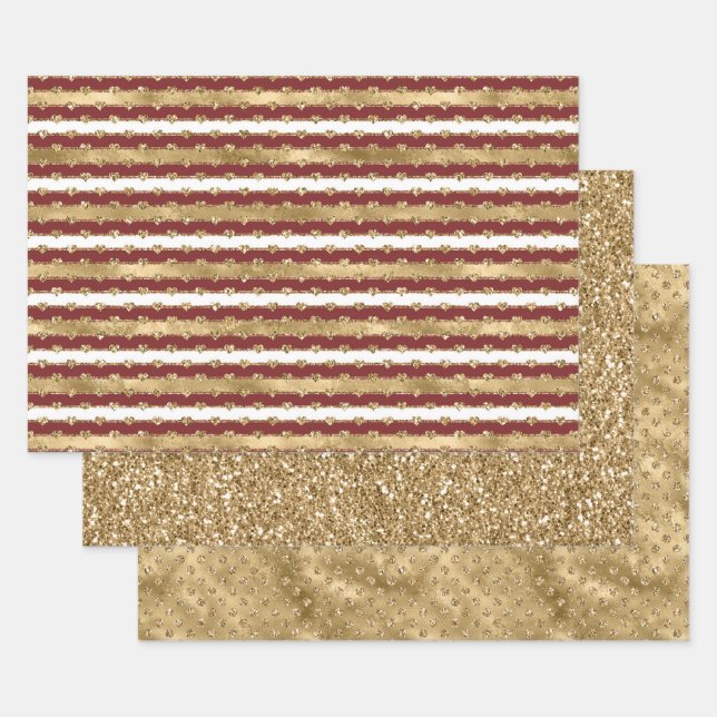Christmas Glitter Gold Red Hearts Stripes Wrapping Paper Sheet (Set)