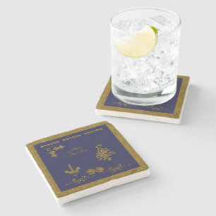 Christmas Glitter Holly Twig, ornaments, candle, Stone Coaster