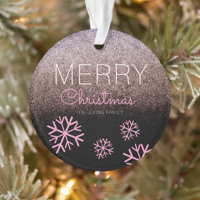 Christmas Glitter Pink Snowflakes Black Ornament (Tree)