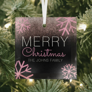 Christmas Glitter Pink Snowflakes Glass Ornament