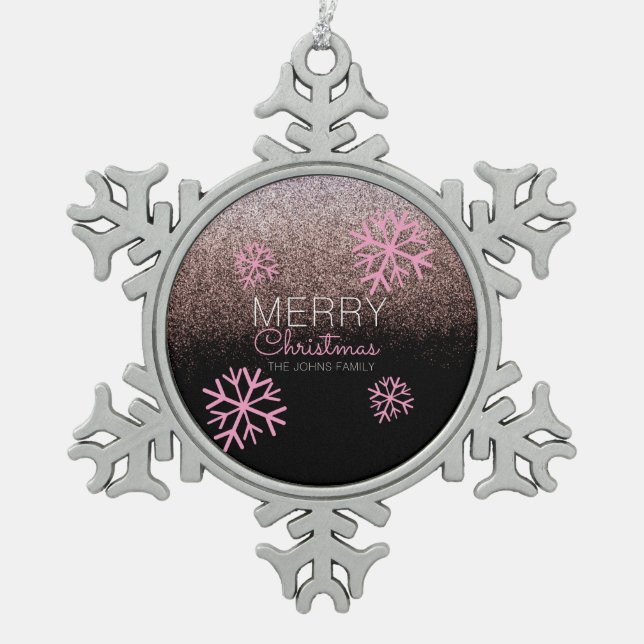 Christmas Glitter Pink Snowflakes  Snowflake Pewter Christmas Ornament (Front)