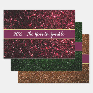 Christmas Glitter Red Green Gold 3-pc New Years Wrapping Paper Sheet