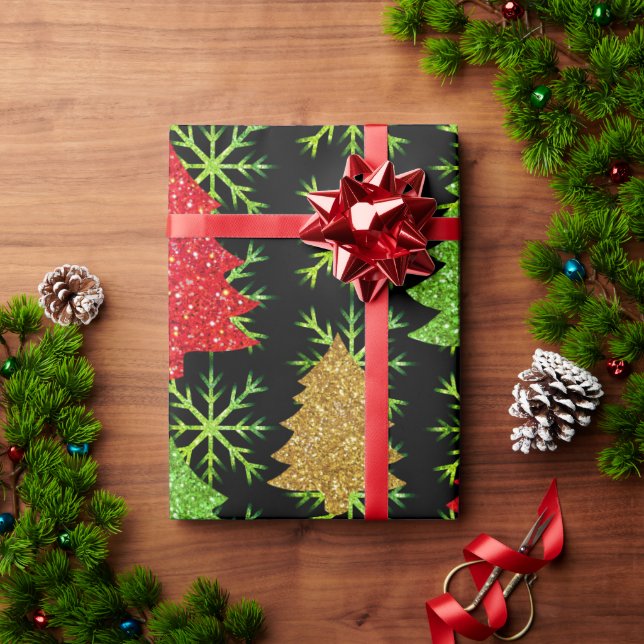 Christmas glitter trees and golden snowflakes   wrapping paper (Holiday Gift)