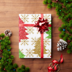 Christmas glitter trees and golden snowflakes  wrapping paper