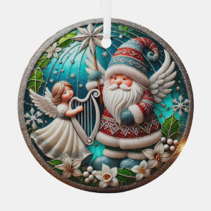 Christmas Gnome and Angel playing a harp Glass Tree Decoration