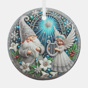 Christmas Gnome and Angel playing a harp Glass Tree Decoration