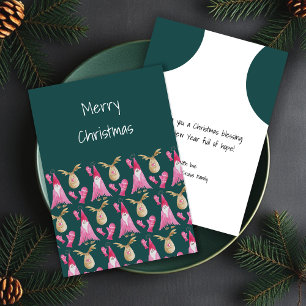Christmas Gnome And Reindeer In Green Pink Holiday Card