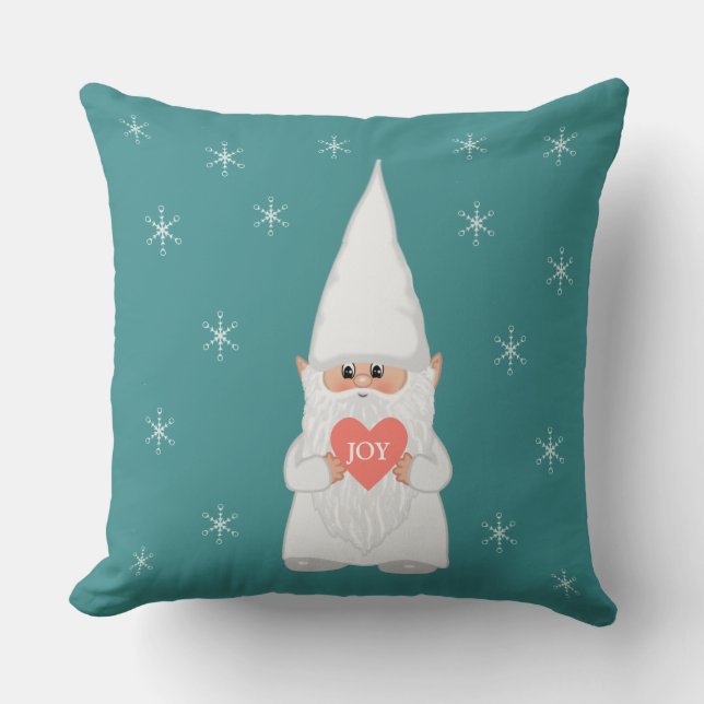 Christmas Gnome and Snowflakes on Teal Cushion (Front)