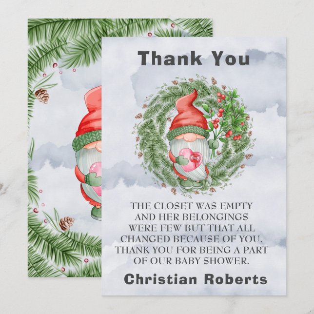 Christmas Gnome Birthday Party Thank You Cards (Front/Back)