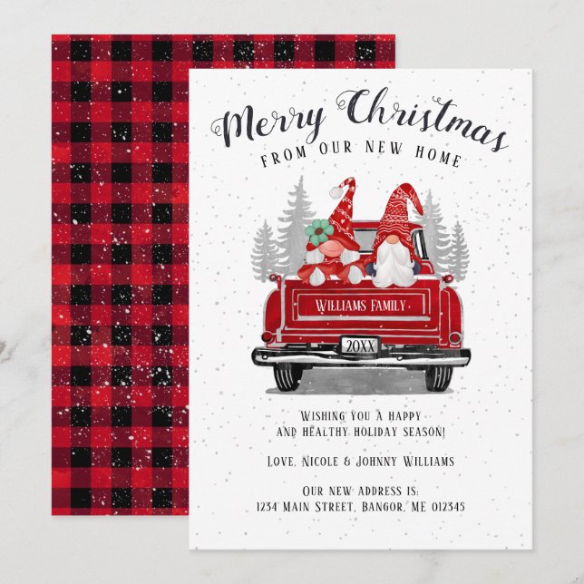 Christmas Gnome Couple Vintage Red Truck Moving Announcement (Front/Back)