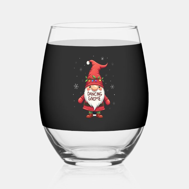 Christmas Gnome Dancing Gnome Family Christmas (1) Stemless Wine Glass (Front)