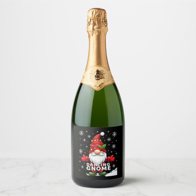 Christmas Gnome Dancing Gnome Family Christmas (4) Sparkling Wine Label (Front)