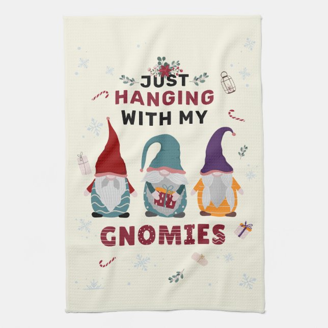 Christmas Gnome Family Cute Hanging Out Gnomies Tea Towel (Vertical)