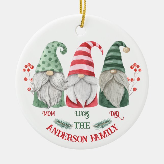 Christmas gnome family name kids ceramic tree decoration (Front)