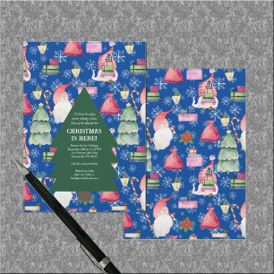 Christmas Gnome for Holidays Tree Pattern Blue Invitation
