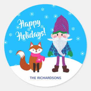 Christmas Gnome Fox Snowflakes Personalised Blue Classic Round Sticker
